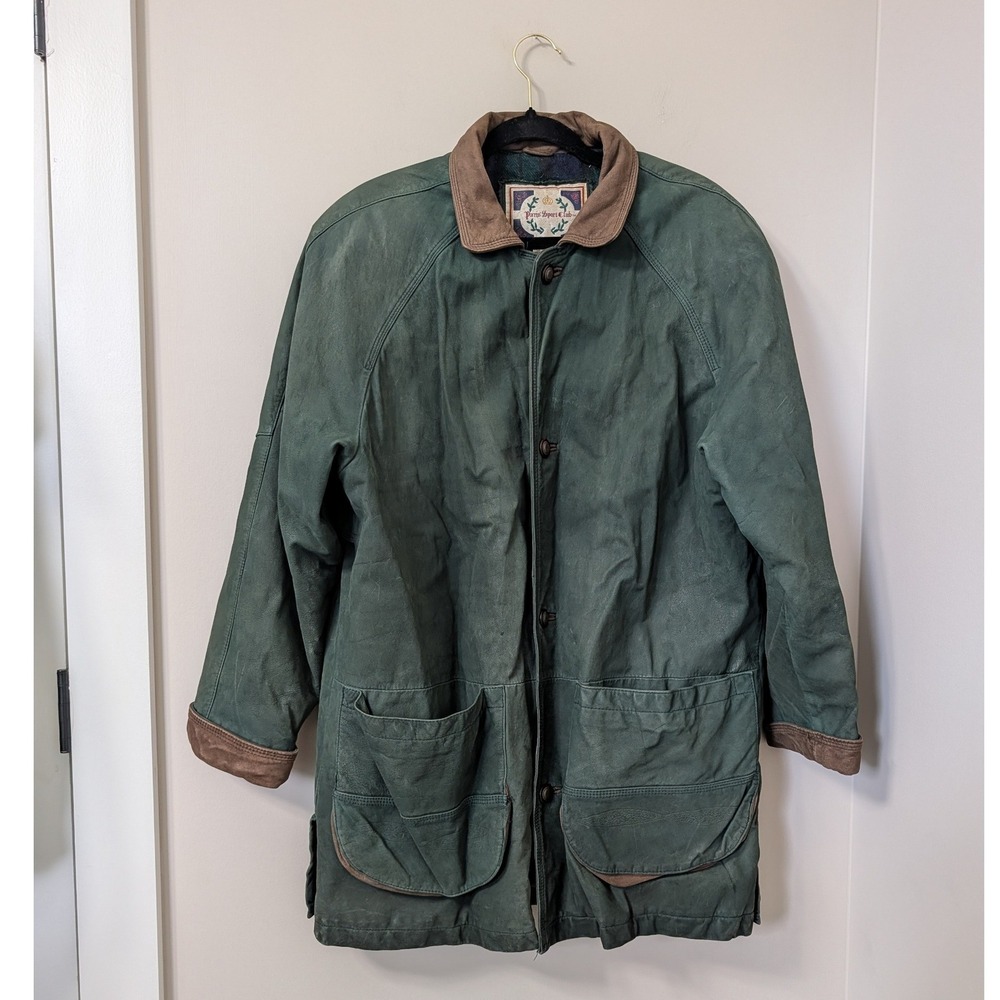 Vintage Paris Sport Club Green Leather Barn Jacket Chore Coat Large Brown Trim